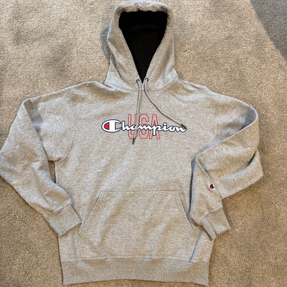 Like New Champion USA Script Logo Powerblend Hoodie, Gray, Red, White & Blue, M